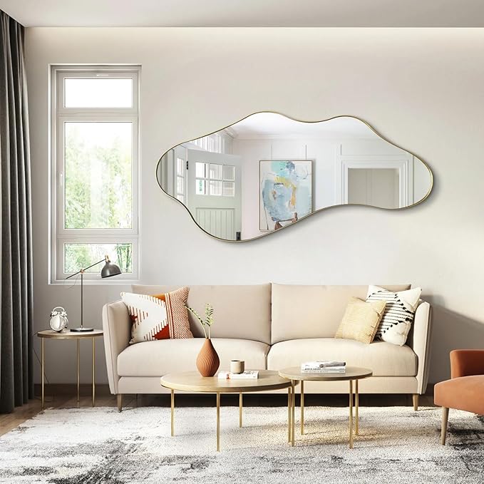 Large Irregular Wall Mirror, 63"x29.2" Asymmetrical Full Length Mirror with Gold Metal Frame, Organic Shaped Mirrors for Living Room Bedroom Hallway Entryway, Horizontal or Vertical Hanging