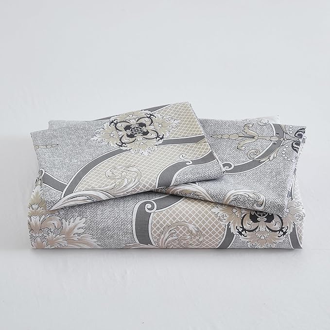 100% Natural Cotton Duvet Cover Set Queen 3 Pcs Grayish Duvet Cover with Luxurious Damask Pattern, Reversible Breathable Soft Comforter Cover Sets with Zipper Closure All Season