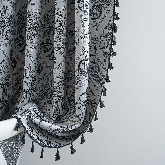 ENJOYBRIDAL Black Damask Curtains 96 Inches Long Semi Sheer Rod Pocket Drapes Bedroom Living Room 2 Panels Long Window Curtain Panels Boho Jacquard Medallion Pattern Light Filtering Window Treatments