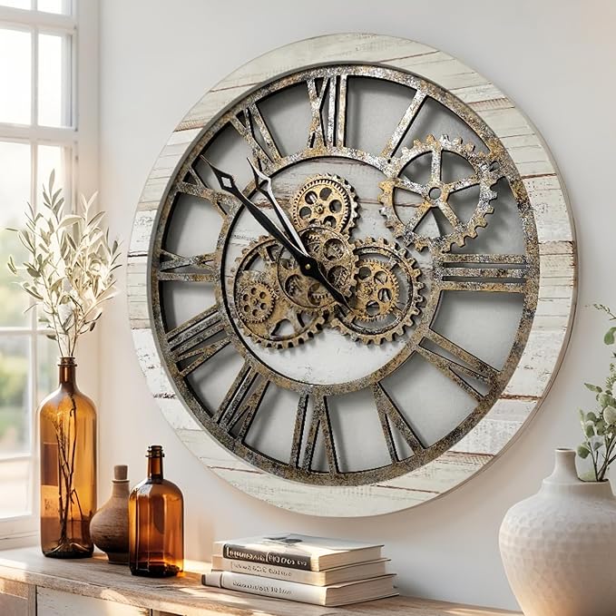 ImprovingLife The Gears Clock The Original Real Moving Gear Wall Clock Vintage Industrial Oversized Rustic Farmhouse (24 inch (60cm), Vintage Desert Beige and Bronze)