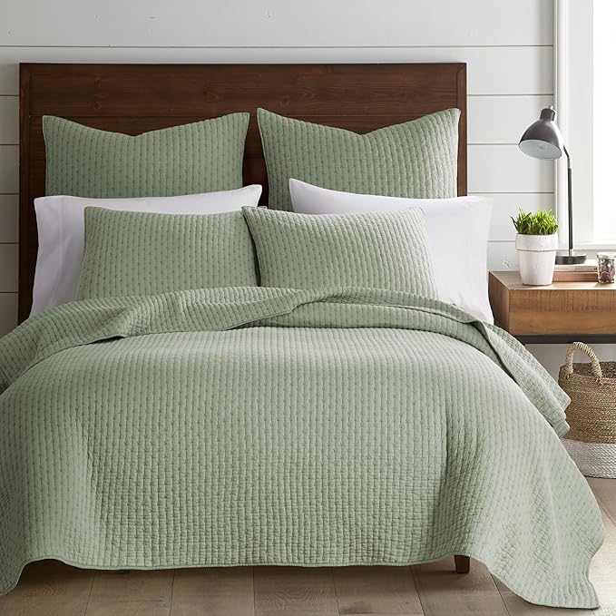 Levtex Home Cross Stitch Reversible King/Cal King Quilt Set (106x92in) and 2 Pillow Shams (36x20in) - Stitch Texture - Desert Sage - Cotton King Size Quilt Bedding Set - Lightweight Soft Pre-Washed