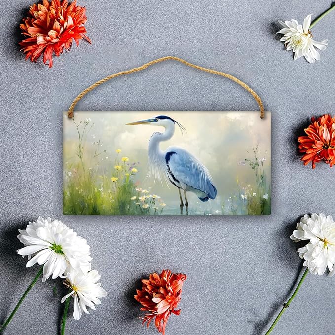 Retro Market Heron Wooden Sign - Vintage Bird & Floral Poster - 12x6 Inch Wood for Hallway - Nostalgic Decors for Retro Home Enthusiasts in North America