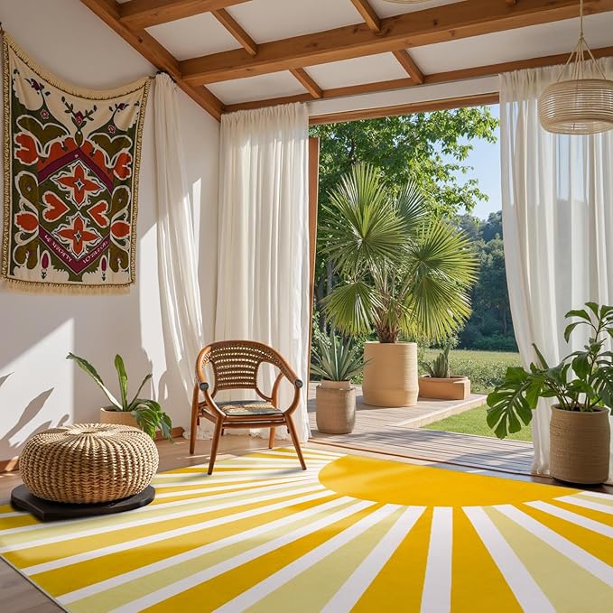 Lahome Yellow Rainbow Sun Area Rug: 5'x7' Ultra-Thin Machine Washable & Non-Slip with Cute Boho Print for Nursery, Bedroom, Living Room, Classroom & Dorm