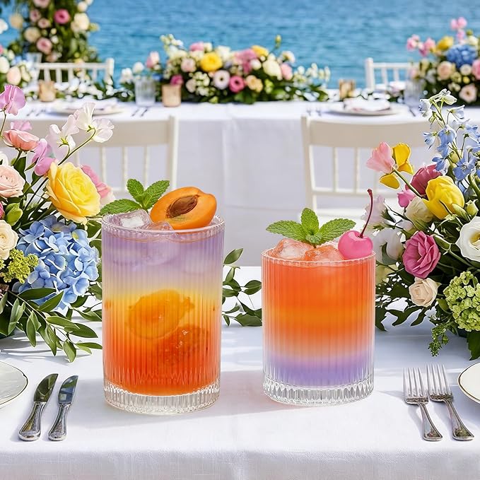 14 oz & 18 oz Ribbed Drinking Glasses Set of 12, Vintage Iced Coffee Cups Elegant Glassware, Highball Glass Cups Ridged Glass Tumbler for Cocktail, Whiskey, Beer, Water, Juice, Origami Style Clear