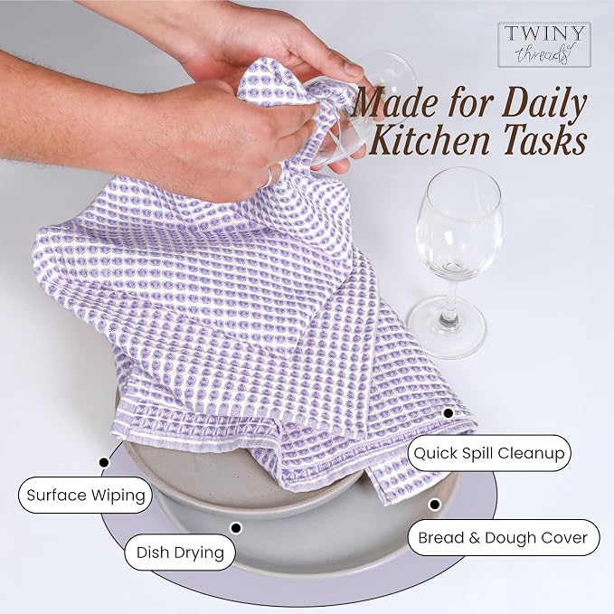 TWINY threads Circle Waffle Kitchen Dish Towels 16x26 Inch, 100% Cotton, Set of 4, Soft, Absorbent, Heavy Duty, Decorative Dishcloth Set, Suitable for Spring Decor, Gifting, Drying Dishes, Lavender