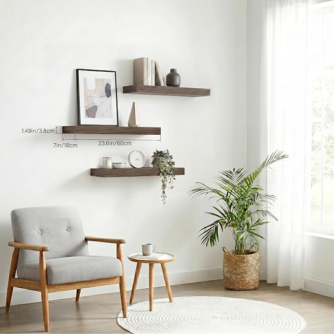 Floating Shelves for Wall, Bathroom Shelves Over Toilet, Wall Shelves & Book Shelf for Room, Hanging Shelf, Modern Wooden Mounted Floating Shelves, 24x7x1.5 in (Smoke Gray, Set of 3)