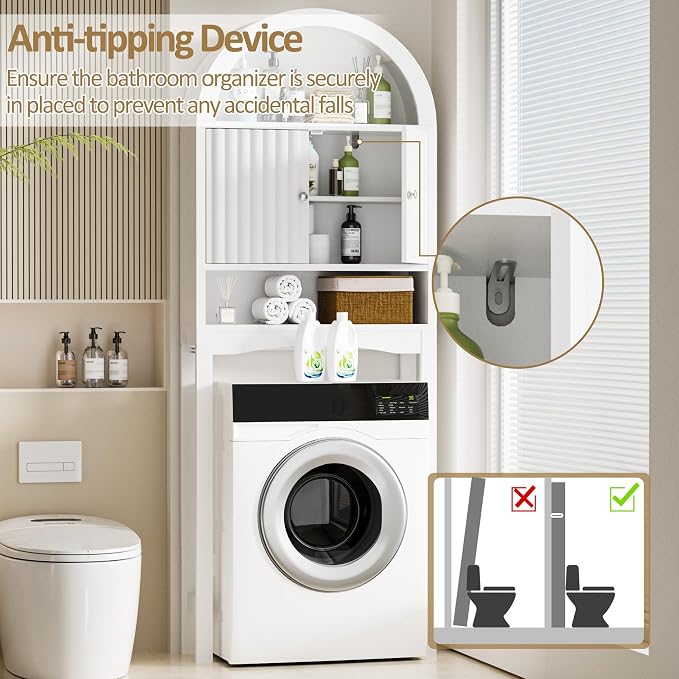 Spurgehom Over The Toilet Storage Cabinet, Bathroom Shelf Organizer Freestanding, Bathroom Arch Cabinet Over Toilet with Fluted Door and Anti-Tipping Device, White