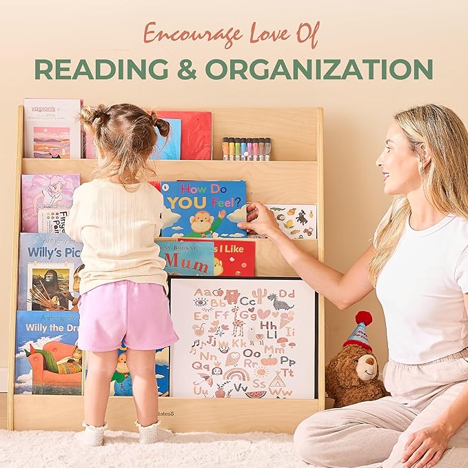 Kids Bookshelf for Toddlers and Babies, Wooden Montessori Bookshelf for Kids Room, Baby Book Shelf with Storage for Nursery, Classroom, Playroom