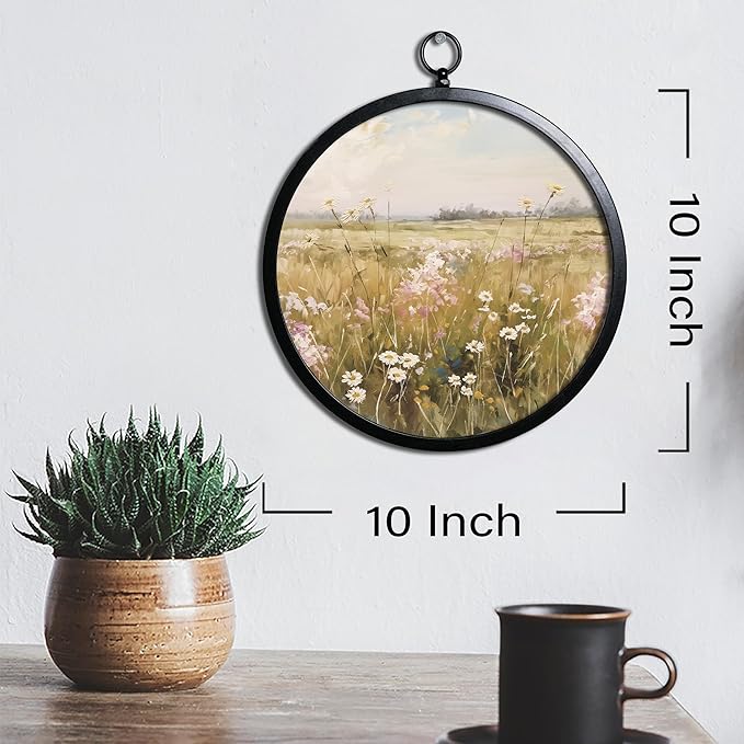 XIAOAIKA Vintage Wall Art with Metal Frame, Round Wood Print Featuring Wildflower Meadow Landscape, Boho Wall Decor for Living Room, Bedroom, Kitchen, Hallway, 10 Inch