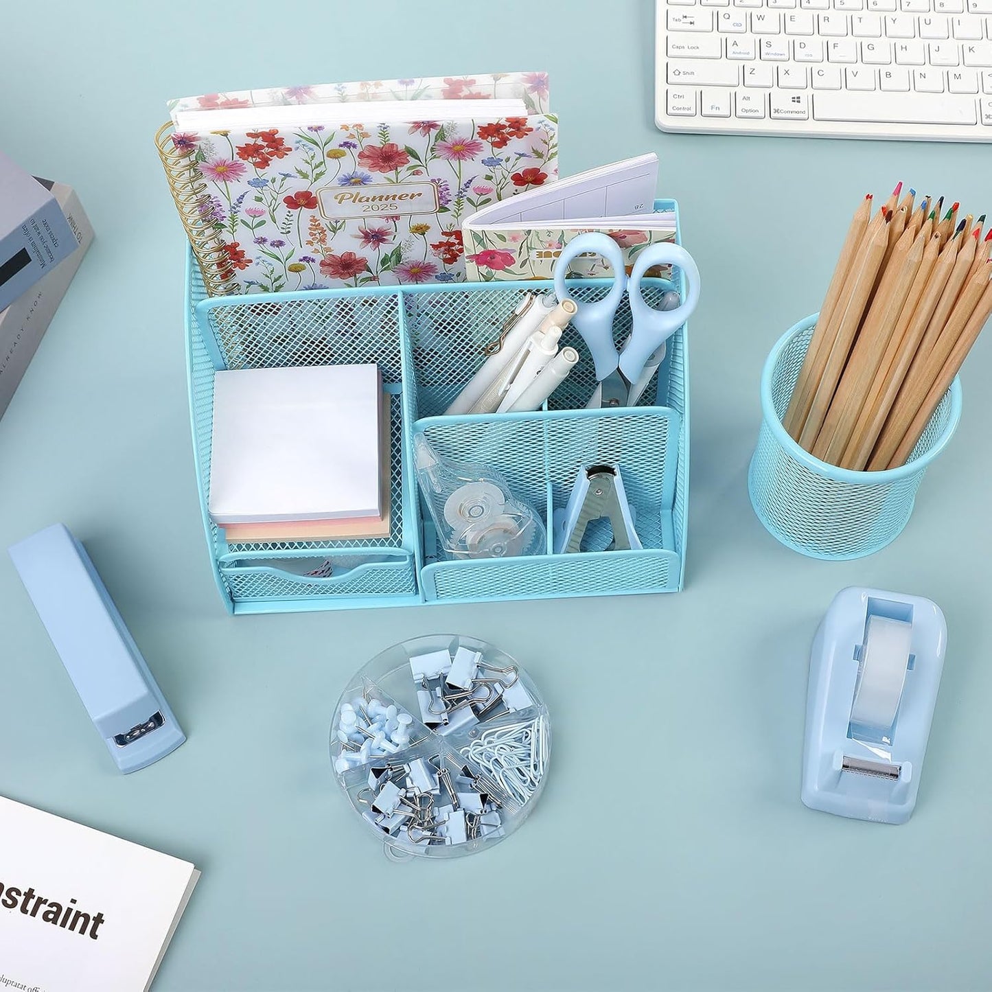 SKYDUE Office Supplies Set - Blue Mesh Desk Organizer with Stapler, Tape Dispenser & Scissors | 1000 Staples Included
