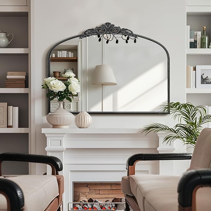 Micasso Vintage Black Arched Mirror: 36"x29" French Baroque Antique Wall Mounted Mirror - Traditional Ornate Decorative for Wall/Fireplace/Entryway/Bathroom/Hallway - Home Decor for Living Room