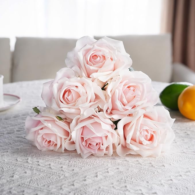 6 Pcs Silk Real Touch Latex Roses, Artificial Single Stem Big Bloom Faux Roses for Home Party Office Wedding Indoor Decor, Floral Arrangements, Table Centerpieces