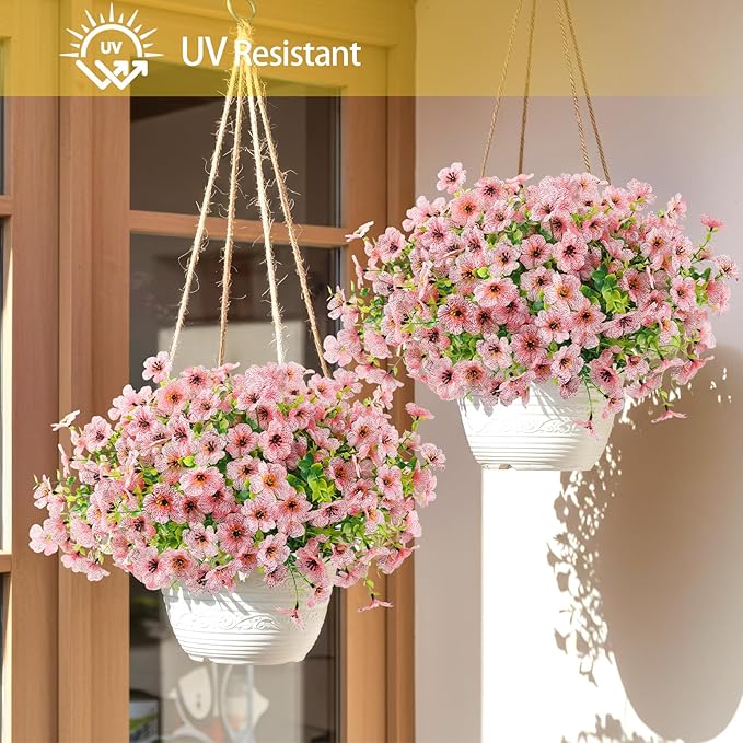 Artificial Flowers Outdoor Faux Plants UV Resistant Fake Patio Flowers Plastic Greenery Plnats Outside Bulk for Spring Garden Hanging Planter Home Vase Decor, 12 Bundles (Pink)