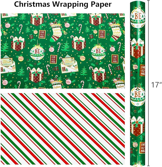 MAYPLUSS Green Christmas Wrapping Paper Roll, Reversible Festive Ornament Wrapping Paper, Metllic Foil Vintage Stocking & Bell Christmas Gift Wrap for Kid Holiday, Celebrations (17 Inch X 33 Feet)
