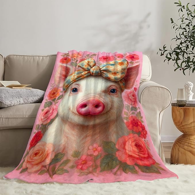 Pink Pig Blanket Cute Pig Throw Blanket Soft Cozy Fleece Fuzzy Stuffed Plush Flannel Animal Gifts for Girls Women Boys Kids Adults 50"X60"