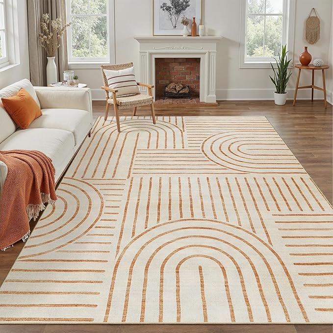 DCX Beige Machine Washable Area Rug 9x12, Midcentury Modern Non Slip Stain Resistant Rug 9x12 for Living Room, Playroom, Dining Room, Soft Low Pile Large Carpet