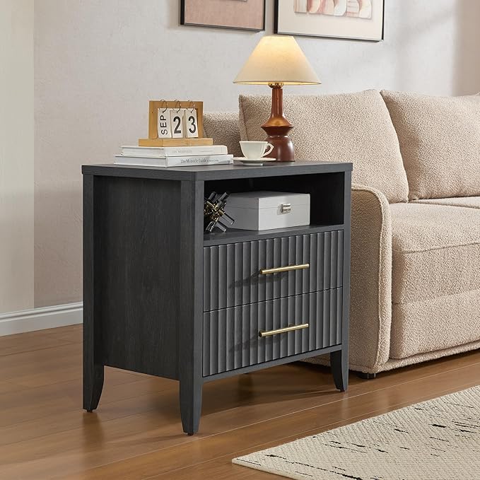 Fluted Nightstands with 2 Drawers, 27" Modern Nightstands Set of 2 with Storage Shelf, Large Queen Size Bedside Table and End Table for Bedroom,Hallway,Office, Dark Gray