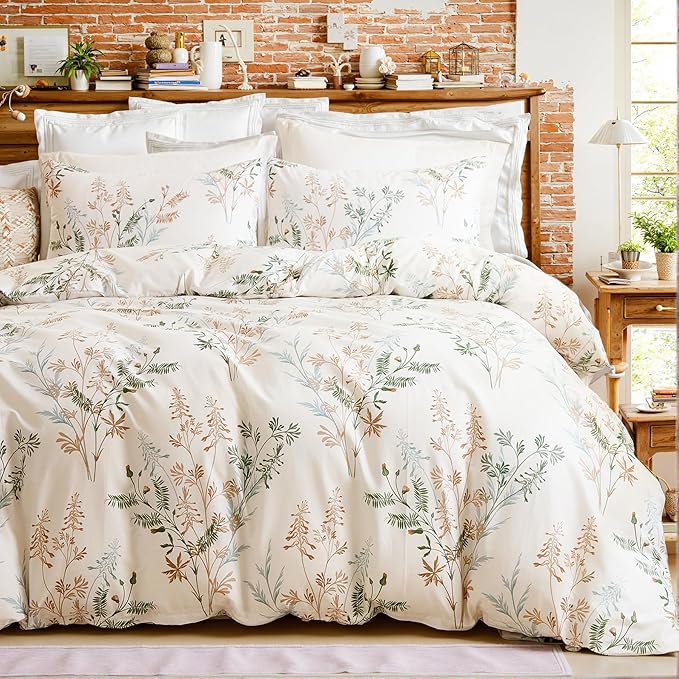 100% Cotton Duvet Cover Queen Size Ultra Soft Green Floral Comforter Cover with Luxurious Tan & Green Leaves on White, Reversible Lightweight Floral Duvet Cover Sets