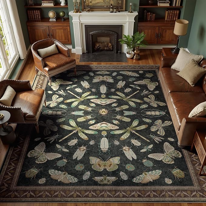 DCX Black 5x7 Washable Bug Rug, Botanical Insect Rug with Non-Slip Rubber Backing, Soft Low-Pile, Stain-Resistant, Kid & Pet Friendly, for Living Room, Bedroom, Office, and Nature-Themed Decor