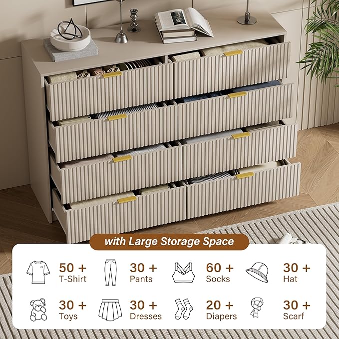 Beige Dresser for Bedroom, Modern Dresser with 8 Drawers and Smooth Slides, Wide Chest of Drawers with Golden Handles for Bedroom, Closet, 15.7" D x 55" W x 37.4" H