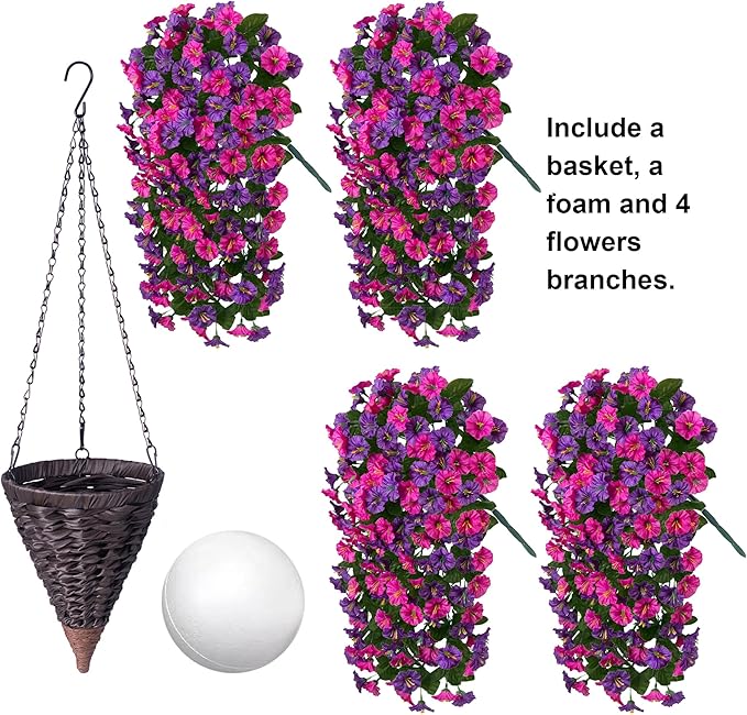 Artificial Fake Hanging Flowers in Basket for Outdoor Indoor Decoration,UV Resistant Faux Silk Dark Purple and Fuchsia Morning Glory Plants Realistic Hanging Planter for Outside Home Porch Yard