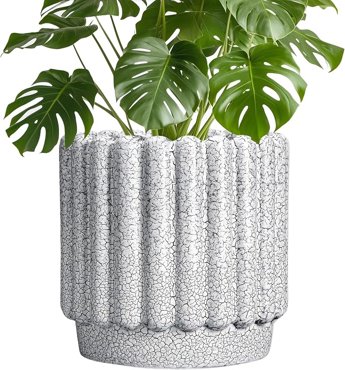 Ceramicfor Ceramic Flower Pot, 9.6 Inch, Black and White | Indoor Planter, Drainage Hole, Fluted Round Design, Large Planter Outdoor, Living Room Decor
