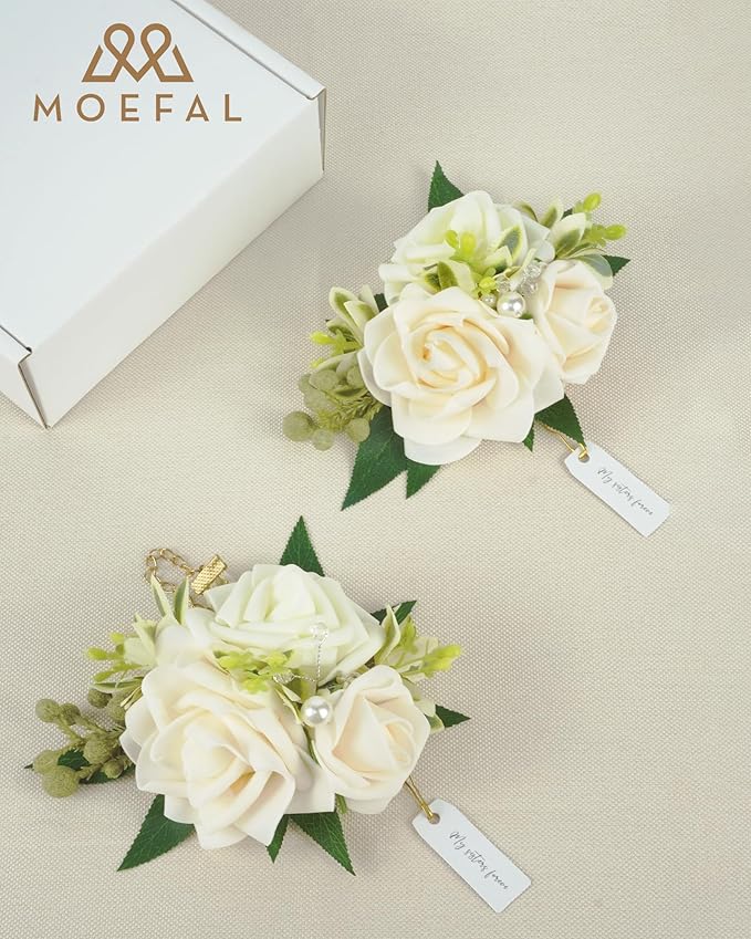 2 Pcs Artificial Flower Wrist Corsage Set, Elastic Wristlet for Prom Wedding Bridesmaid Homecoming Party Anniversary Decoration (Wht-White & Ivory)