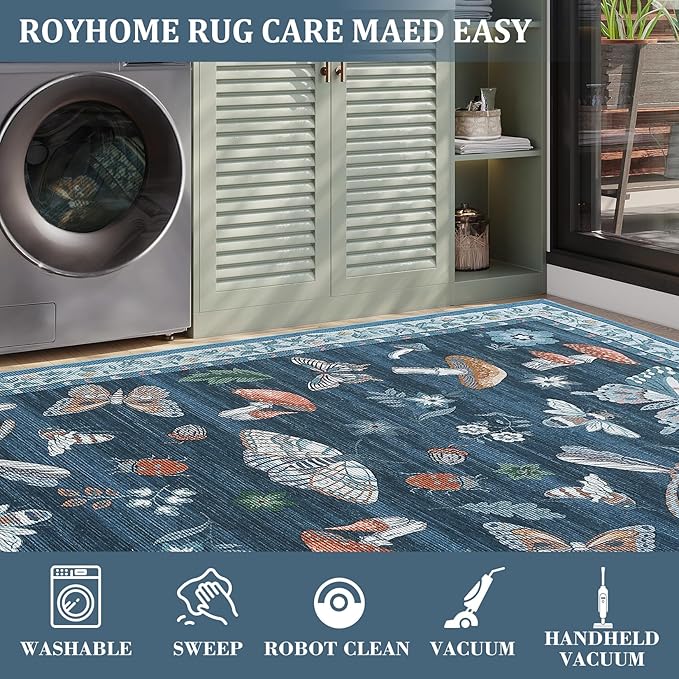Washable 2x6 Vintage Runners for Hallway Entryway Retro Distressed Kitchen Carpet Runner Low Pile Soft Bedside Boho Carpet Non Slip Bath Rug Non Shed Thin Floral Accent Carpets, Blue