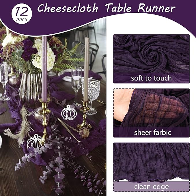 12 Pack Cheesecloth Table Runner 35x72 Inch Boho Gauze Table Runner Rustic Cheese Cloth Long Romantic Table Runners for Wedding Bridal Shower Birthday Party Table Decor (Dark Purple)