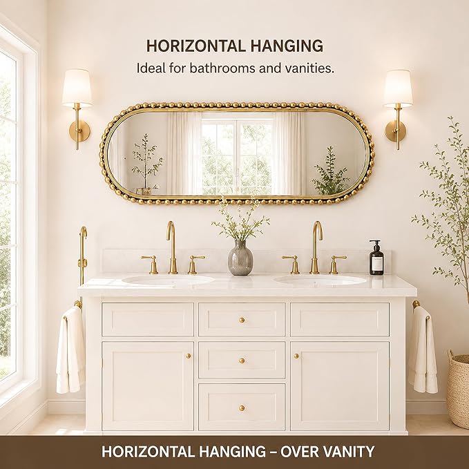 20"x53" Long Oval Full Length Wall Mounted Mirror, Antique Gold Beaded Metal Frame Large Decorative Wall Mirror, Vertical or Horizontal Hanging Tall Entryway Bedroom Living Room