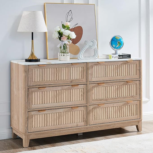 6 Drawers Dresser for Bedroom, 54" Large Storage Dresser, Farmhouse Wood Dressers with Faux Marble Top, Modern Dressers & Chests of Drawers for Living Room Entryway, Fluted Curved Profile, Natural Oak