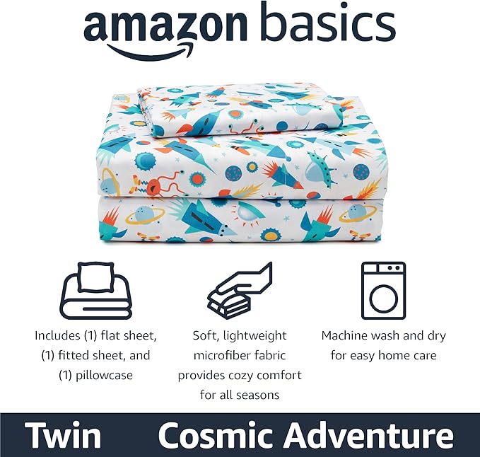 Amazon Basics Microfiber Kids' Sheet Set with Pillowcase, 3 Piece, Twin, Cosmic Adventure
