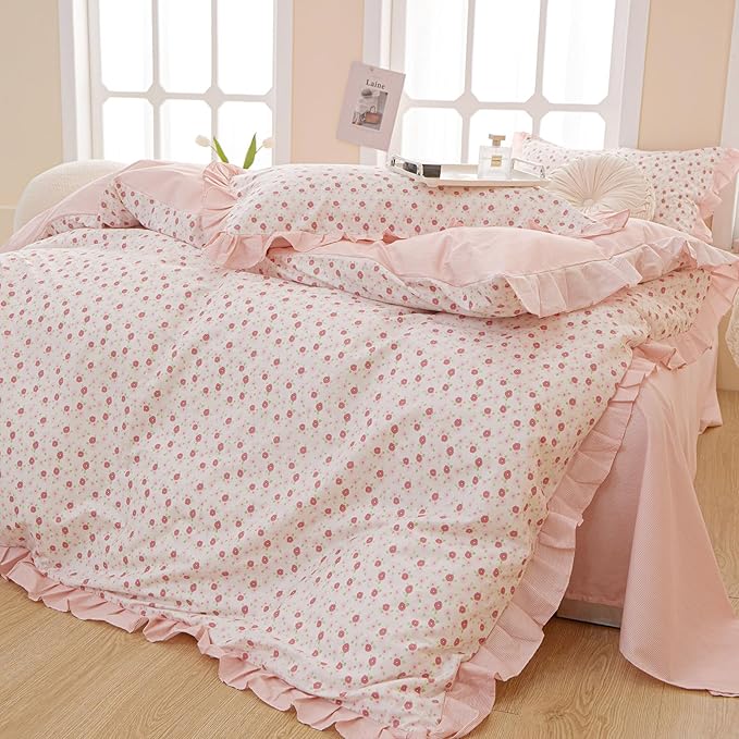 VM VOUGEMARKET 3 Pieces Ruffled Comforter Set with Pink Flower Pattern,1 Pink Striped Lace Comforter with 2 Pillow Shams for Teen Girls-68 x90,Twin XL