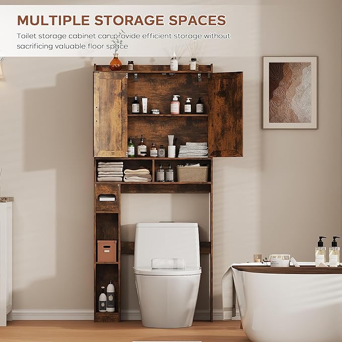 Over the Toilet Storage Cabinet, 31.1”W Bathroom Organizer with Double Doors, Above Toilet Rack, Detachable Toilet Paper Holder for Bathroom & Laundry Room Brown