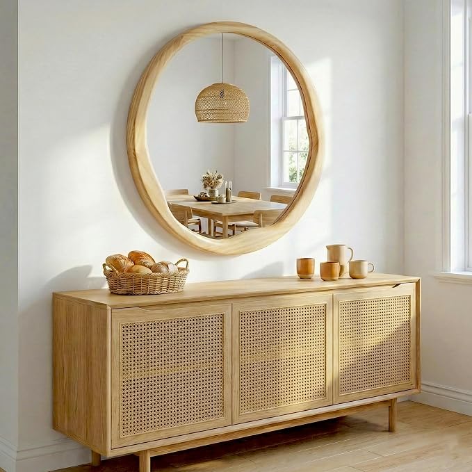 Natural Wood Round Wall Mirror 30 Inch, Large Solid Wood Framed Mirror with Wavy Inner Edge for Bathroom Vanity, Living Room & Organic Boho Decor