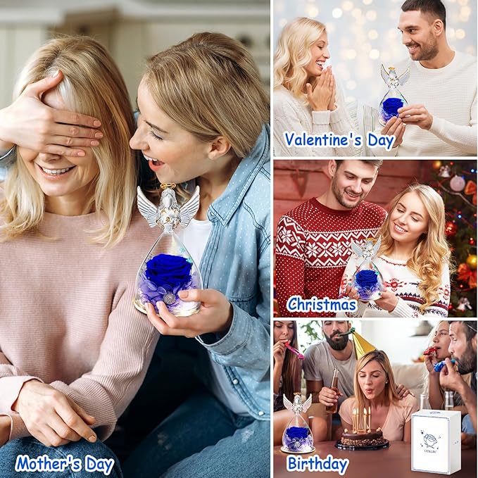 Lurlin Birthday Flowers for Women: Preserved Rose Gift for Mom, Grandma, Wife, Friend, Nurse; Glass Angel Figurines with LED Light