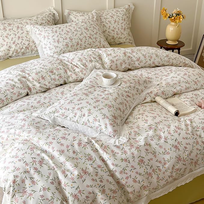LifeTB Ruffle Duvet Cover Twin 100% Cotton Pink Flower Duvet Cover Girls Princess Lace Bedding Set Vintage Floral Botanical Comforter Cover with Chic White Ruffle Lace Cute Floral Bedding Set Twin