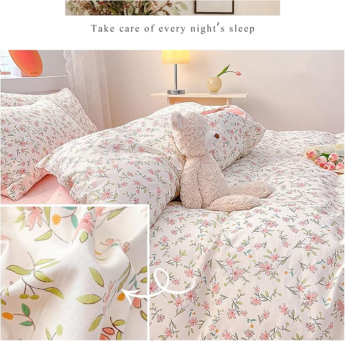 EAVD Vintage Style Garden Pink Floral Duvet Cover Queen White Soft 100% Cotton Small Cute Floral Bedding Set with 2 Pillowcases Chic Shabby Floral Botanical Duvet Cover with Zipper Closure