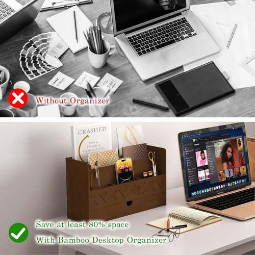 Bamboo Mail Organizer by [Brand Name] - All-in-One Desktop File Organizer with Drawer & Pencil Holder (Walnut)