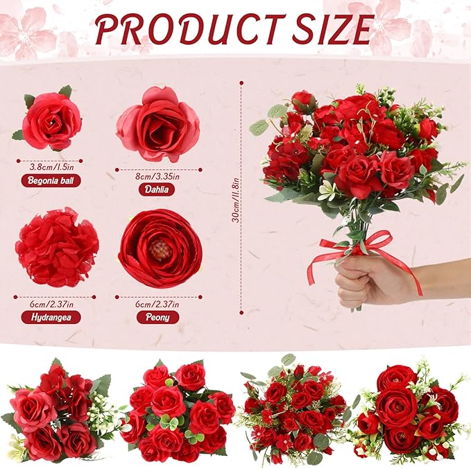 Zeyune 12 Bundles Artificial Peonies Flowers Artificial Silk Rose Faux Dahlia Fake Chamomile Hydrangea Bouquet Bulk for Vase Home Wedding Centerpiece Party Decoration(Red,Scarlet)