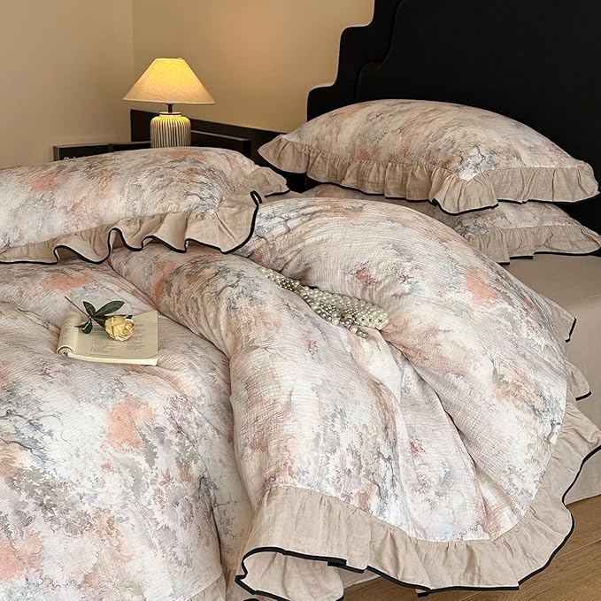 HighBuy Ruffle Duvet Cover Queen Size,Vintage Beige Botanical 100% Muslin Yarn-Dyed Linen Bedding Set for Women Girls,Farmhouse Bedding Super Soft Comfortable Boho Chic Lightweight 3 Pieces