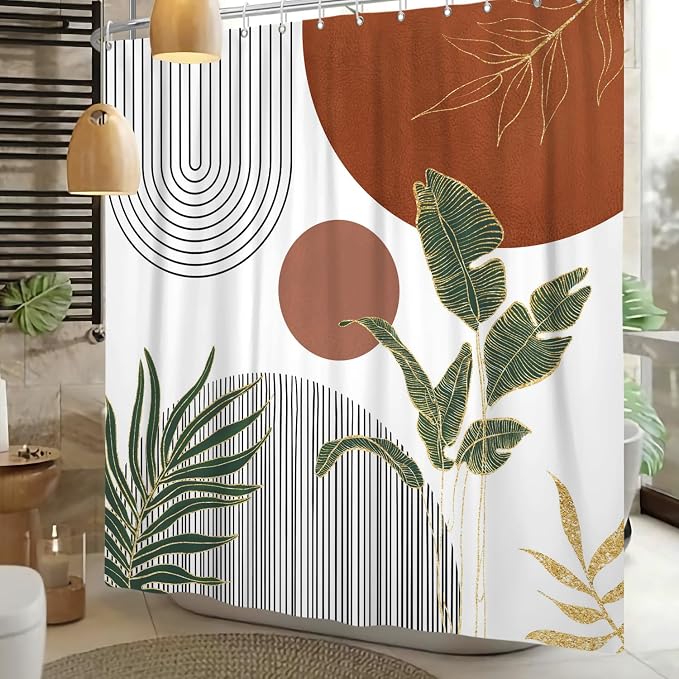 Mid Century Boho Shower Curtain, Abstract Modern Sun Minimalist Aesthetic Shower Curtain, Bohemian Geometric Arch Curve Leaves Neutral Art Fabric Bathroom Curtains Orange 60x72 inch