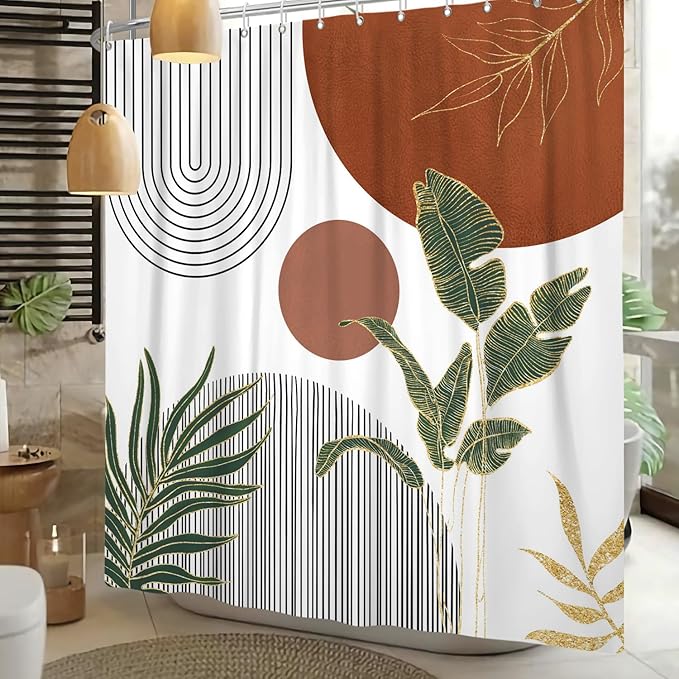 Mid Century Boho Shower Curtain, Abstract Modern Sun Minimalist Aesthetic Shower Curtain, Bohemian Geometric Arch Curve Leaves Neutral Art Fabric Bathroom Curtain Orange 72x72 inch