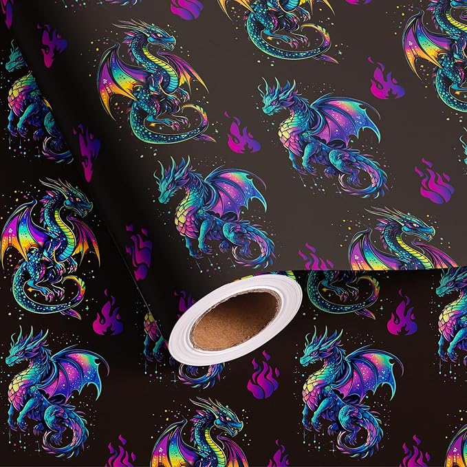 Altarho Dragon Wrapping Paper Roll for Kids Boys Women Men - Neon Dragon Print Mythic Gift Wrap Sheets for Birthday Adult Anime Party Supplies Total 28.5sq.ft