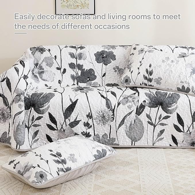 Anibedding Grey Quilt Set King, Floral Bedspread Soft Microfiber Lightweight King Size Quilt Bedding Sets Flower Coverlet for All Season(104"x90")