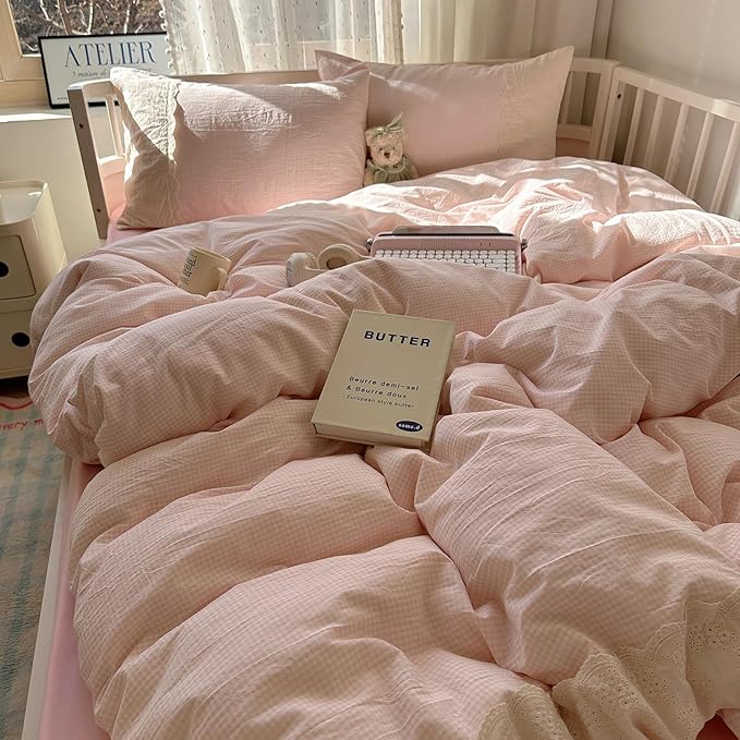 LifeTB Pink Gingham Comforter Set Twin XL Fluffy Soft Princess Style Girls Lace Bedding Set Vintage Plaid Checkered Comforter with 2 Pillowcases Farmhouse Gingham Bedding Grid Bed Comforter Set