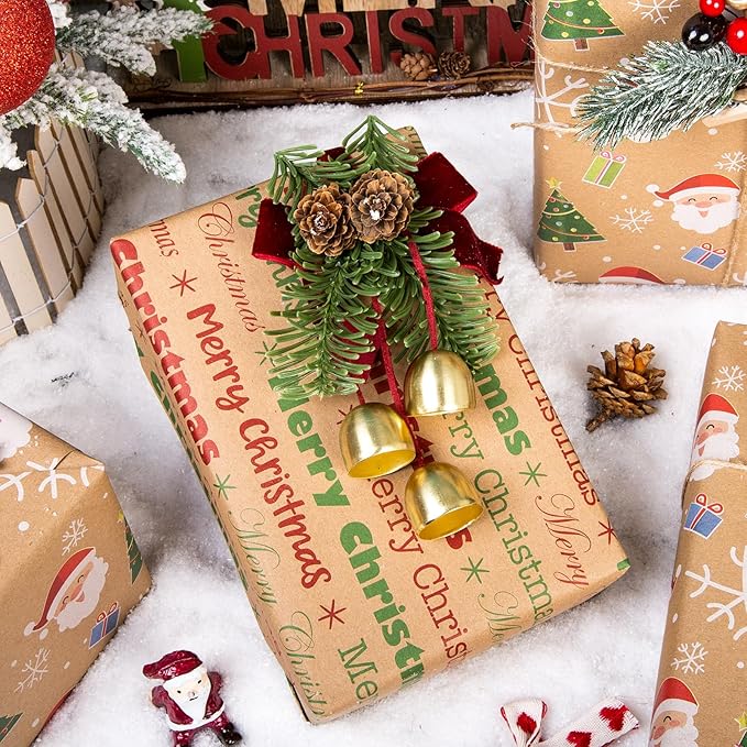 Yarcony Kraft Christmas Wrapping Paper Roll, Reversible Santa Wrapping Paper, Cute Santa, Tree & Merry Christmas Letterings Pattern Thick Holiday Gift Wrap for Winter Celebrations (17 Inch X 33 Feet)