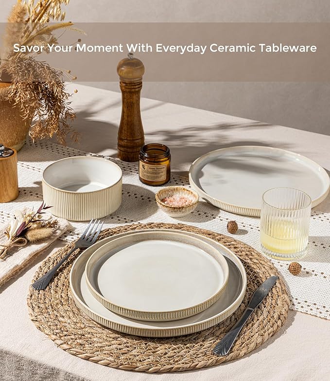 GBHOME 12-Piece Stoneware Dinnerware Set for 4 – Ribbed Ceramic Plates and Bowls, Scratch-Resistant, Microwave & Dishwasher Safe, Reactive Glaze, Oatmeal Veil