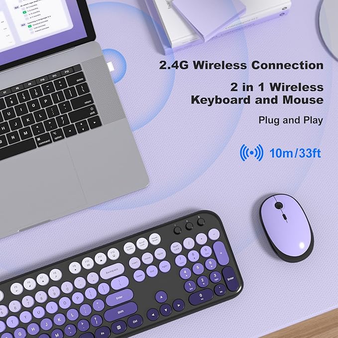 Wireless Keyboard and Mouse Combo, MOWUX Colorful Computer Full Size 2.4G Plug and Play Wireless Typewriter Keyboard and Mouse Set for Computer, Desktop, PC (Black Purple Gradient)