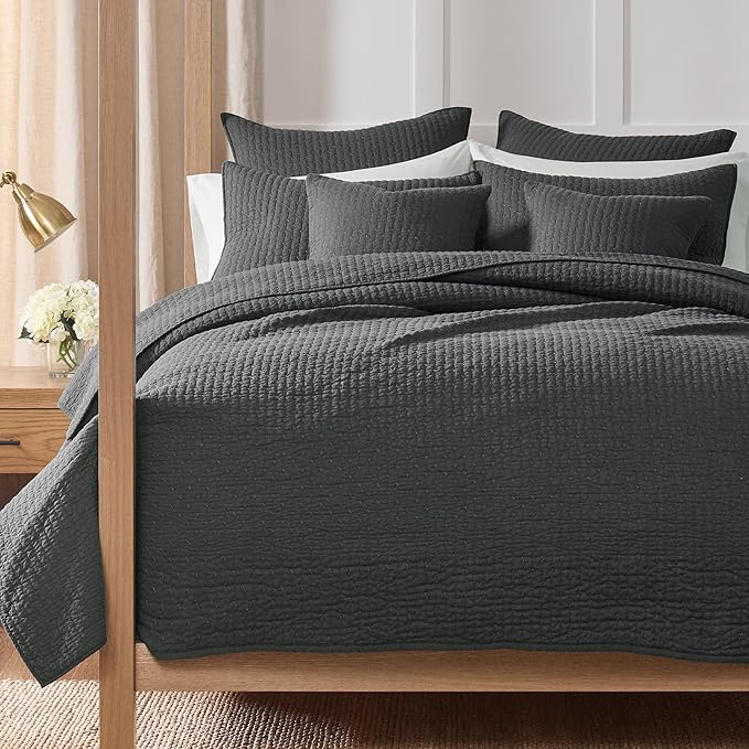 Levtex Home Cross Stitch Reversible Full/Queen Quilt Set (88x92in) with 2 Pillow Shams (26x20in) - Stitch Texture - Charcoal - Cotton Full/Queen Size Quilt Bedding Set - Lightweight, Soft, Pre-Washed